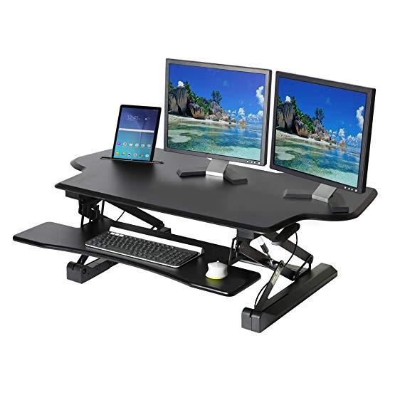 Seville Classics OFF65878 Airlift 47" Extra-Wide Gas-Spring Height Adjustable Standing Desk Converter Workstation Ergonomic Dual Monitor Riser with Keyboard Tray and Phone/Tablet Holder, Large, Black
