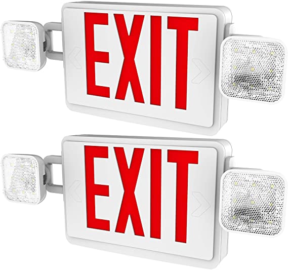 Sunco Lighting 2 Pack Double Sided LED Emergency EXIT Sign, Two LED Flood Lights, Backup Battery, US Standard Red Letter Emergency Exit Lighting, Commercial Grade, Fire Resistant