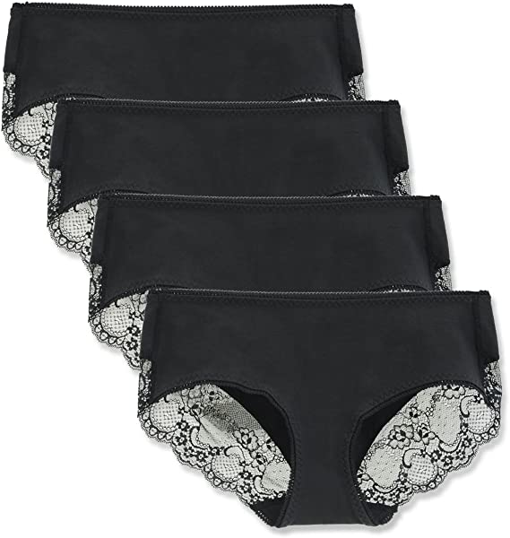 LIQQY Women's 4 Pack Cotton Mid Rise Full Coverage Lace Hipster Brief Panty Underwear