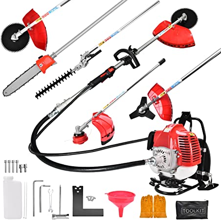 6 in 1 52cc Brush Weed Cutter Petrol Hedge Trimmer Grass Pruner Chainsaw Trimmer with Four Mowing Heads for Gardening Care
