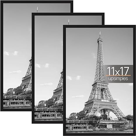 upsimples 11x17 Picture Frame Black 3 Pack, 11x17 Frame for Horizontal or Vertical Wall Mounting, Scratch-Proof Wall Gallery Poster Frame