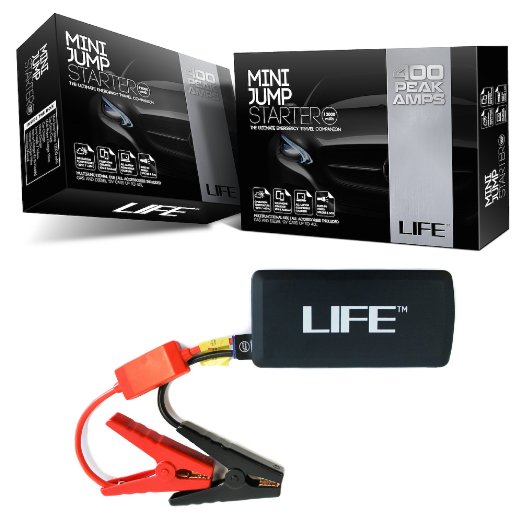 BEST Mini Car Jump Starter by LIFE with 2 FREE BONUSES (worth $25 ) - 12000mAh 400 Peak Amps - 2 in 1 Automotive Battery Starter and Rechargeable Portable Power Bank - Uber Premium Design with High Quality Parts and Built In Electricity Protection for MAXIMUM Safety - One Year 'Peace of Mind' Replacement Cover