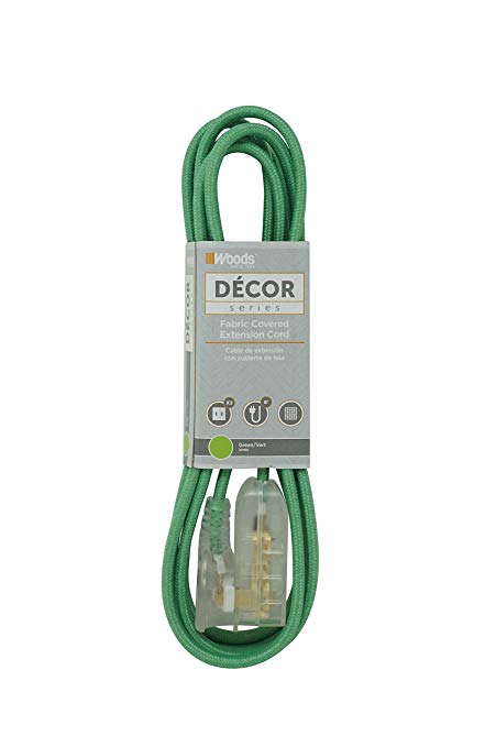 Woods 64600801 Decor Series 8-Foot Fabric Braided Indoor Extension Cord with Lighted Ends, 3 Polarized 2-Prong Outlets, Right Angle Plug, 125 Volts, Green