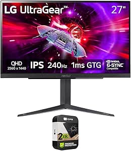 LG 27GR83Q-B 27 inch UltraGear QHD 1ms 240Hz Gaming Monitor Bundle with 2 YR CPS Enhanced Protection Pack