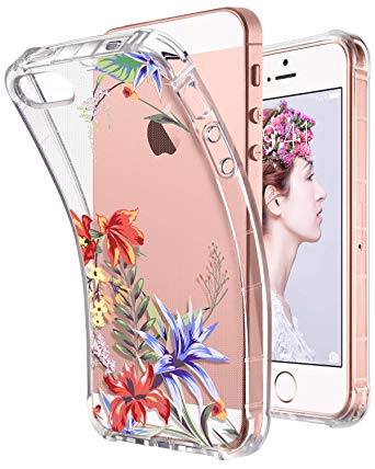 ULAK Clear Case for iPhone 5/5S/SE, See Through Slim Fit Protective Anti-Scratch Back, Shock-Absorption Flexible Soft TPU Bumper, HD Crystal Clear Floral