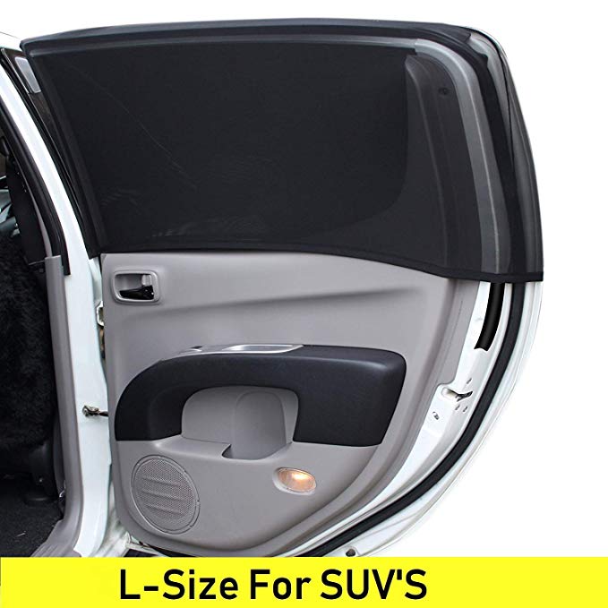 L-Size Car Window Sun Shades That Fit Most of SUVs. Back Seat Bugs Screen. See Through Stretchy Mesh Sunshade. Covers Full Windows 2-Pack