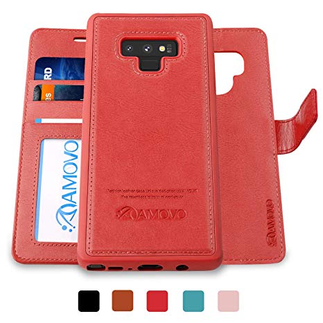 AMOVO Case for Galaxy Note 9 [2 in 1] Samsung Galaxy Note 9 Wallet Case [Detachable Folio] [Vegan Leather] [Wrist Strap] [Card Slot] [Kickstand] Note 9 Flip Case with Gift Box Package (Note 9, Red)