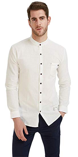 Plaid&Plain Men’s Long Sleeve Mandarin Collar Shirts Men’s Slim Fit Linen Shirt