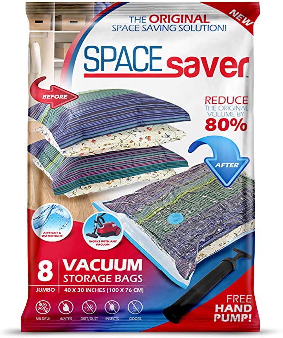 Spacesaver Premium Vacuum Storage Bags. 80% More Storage! Hand-Pump for Travel! Double-Zip Seal and Triple Seal Turbo-Valve for Max Space Saving! (Jumbo 8 Pack)