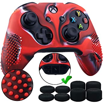 9CDeer 1 Piece of Studded Protective Silicone Cover Skin Sleeve Case   8 Thumb Grips Analog Caps for Xbox One/S/X Controller Camouflage Red Compatible with Official Stereo Headset Adapter