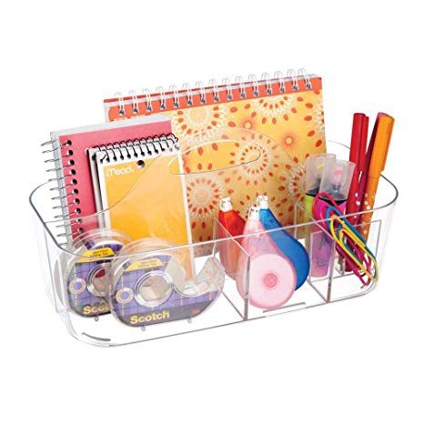 mDesign Plastic Office Storage Organizer Caddy Tote with Handle for Cabinet, Countertop, Desk, Workspace - Holds Erasable Pens, Colored Pencils, Washi Tape, Notebook - Large - Clear