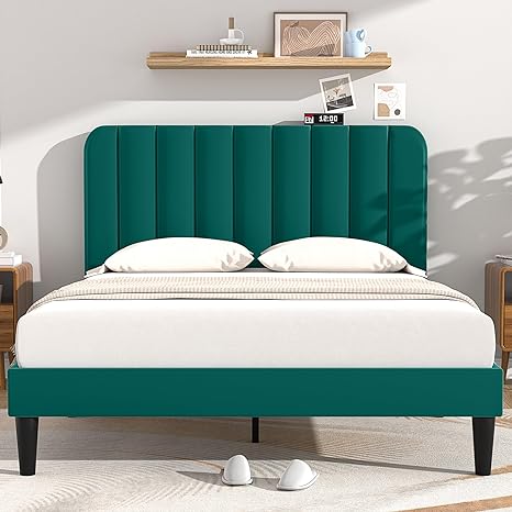 VECELO Queen Size Upholstered Bed Frame with Adjustable Headboard, Velvet Platform Bedframe Mattress Foundation, Strong Wood Slat Support, No Box Spring Needed, Dark Green