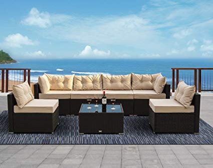 Urest 7 Pieces Patio PE Rattan Sofa Set Outdoor Sectional Furniture Wicker Chair Conversation Set with Cushions and Tea Table