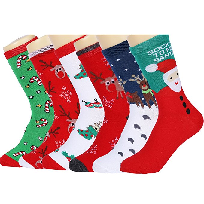 HSELL 6 Pairs Women's Christmas Holiday Casual Socks, Long Thin Cotton Bed Socks,Multi-colors,One Size
