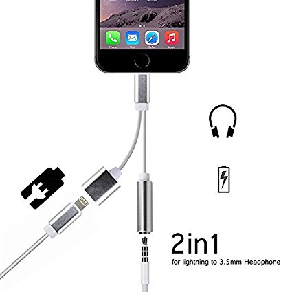 2 in 1 Lightning Adapter for iPhone 7 / 7 Plus, Lightning Charger and 3.5mm Earphone Stereo Jack Cable Adapter [No Music Control] by Pantheon (rose gold)