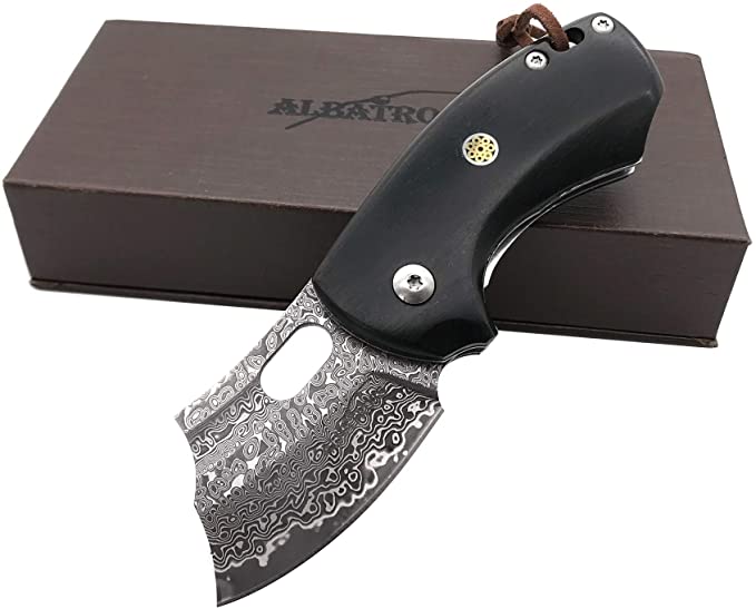 ALBATROSS EDC Mini VG10 Damascus Camping Folding Pocket Knife; 2“ Damascus Blade,Ebony Wooden Handle,Gifts Box/Collections (HGDK024)