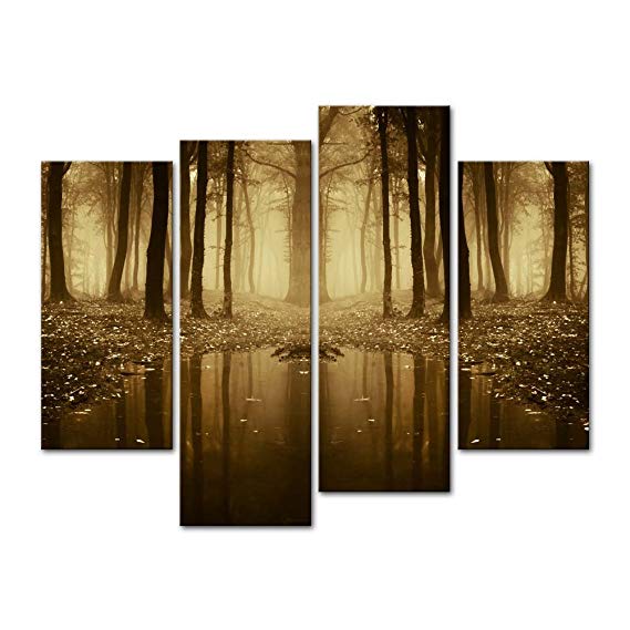 4 Pieces Modern Canvas Painting Wall Art The Picture For Home Decoration Fairytale Lake In A Strange Forest In Autumn With Fog And Light Landscape Forest Print On Canvas Giclee Artwork For Wall Decor