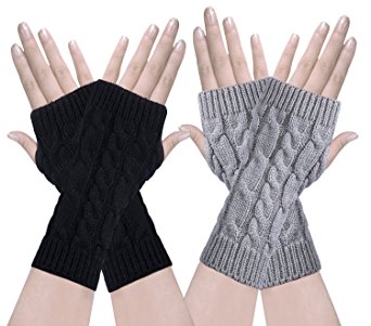 Oryer 2 Pairs Womens Winter Knit Long Fingerless Gloves - Thumbhole Arm Warmers