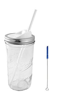 Mason Drinking Jar with Glass Straw(10"x 9.5mm)- Sip Lid and Straw Cleaner- 24oz Bundle