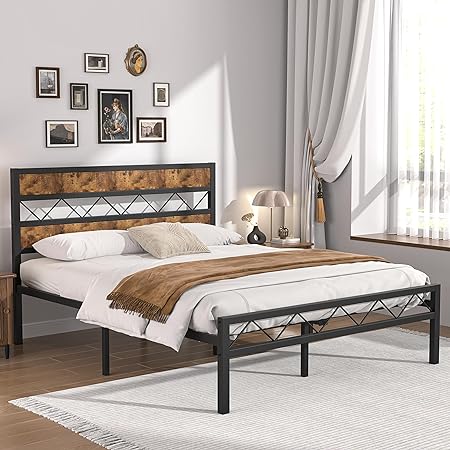 VECELO Full Metal Platform Bed Frame with Rustic Vintage Wooden Headboard, Heavy Duty Metal Slats Support, Platform Mattress Base No Box Spring Needed, No Noise, Easy Assembly