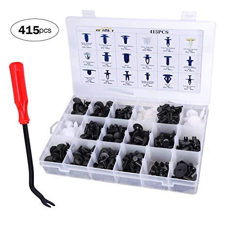 Manfiter 415 Pcs Car Retainer Kit and Push Rivet Pins Clips with Fastener Remover-18 Most Popular Sizes Auto Retainer Plastics Clips - Trim Panel Body Assortment Set for Ford GM Toyota Honda, etc.