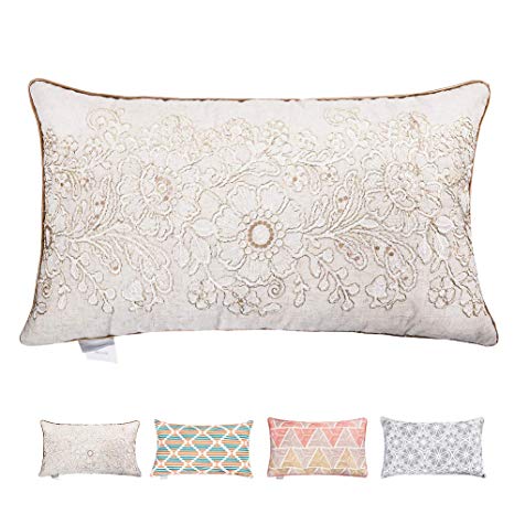 Hahadidi Throw Pillow Covers for Couch/Bed/Sofa Home Decorative Cushion Cases Flower Crewel Embroidery Pillowcases,European Geometric Cotton Canvas,Nature Color,14 x 24 Inch