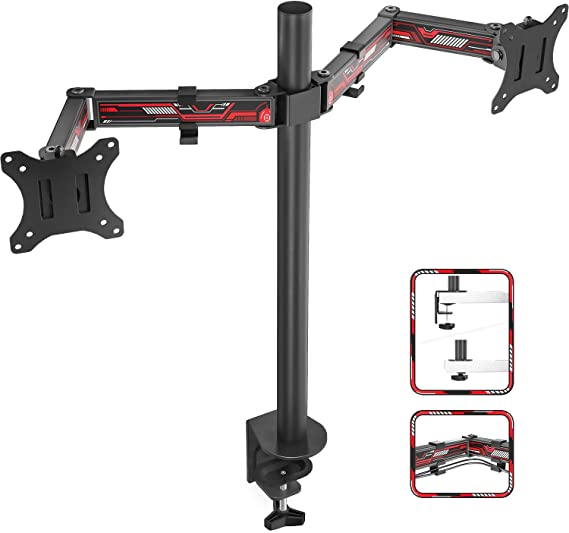 DESINO Dual Monitor Stand- Fully Adjustable Monitor Arm Desk Mount Heavy Duty Fit 2/Two LCD Screens up to 32 Inch, Mechanical Warfare Red