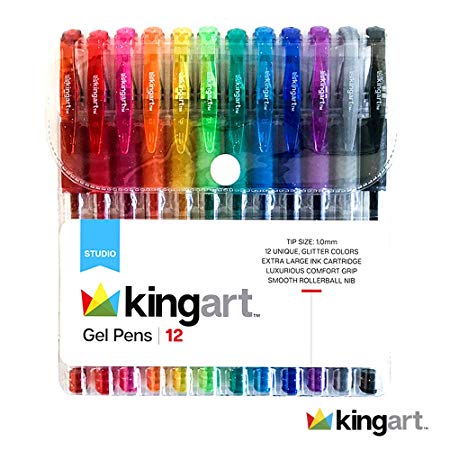KINGART 400-12 Glitter 12 Pack with 50% More Ink Artists Soft Grip Gel Pen Set, Set of 12, Vivid Colors