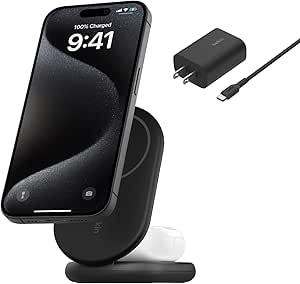 Belkin MagSafe Charger Compatible BoostCharge 2-in-1 Magnetic Foldable Charger 15W - Qi2-Certified Wireless Charger for Apple iPhone 16, iPhone 15, Apple Watch w/Non-Slip Base, PSU Included - Black