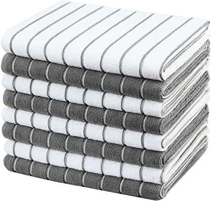 Gryeer Microfiber Kitchen Towels, Stripe Designed, Soft and Super Absorbent Dish Towels, Pack of 8, 18 x 26 Inch, Neutral Gray and White
