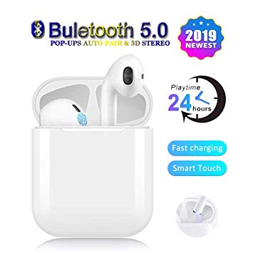 Wireless Earbuds,24 Hours Extended Playtime Bluetooth Headphones,2019 Latest Intelligent Noise Reduction,Support Fast Charging ,Pop-ups Auto Pairing /iPhone/Apple/Samsung/Airpods and Airpod