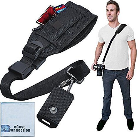Quick Release Shoulder Strap for DSLR Cameras & Camcorders with Zippered Pocket for Memory Cards & Accessories   eCostConnection Microfiber Cloth