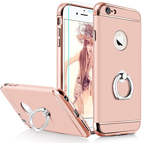 iPhone 6 Case, DecaStars® [Luxury Series] 3-in-1 Shockproof Drop Protection [Metal Electroplating Technology] Ring Kickstand Hard Back Shell Skin Cover for Apple 4.7 Inch (Rose Gold)