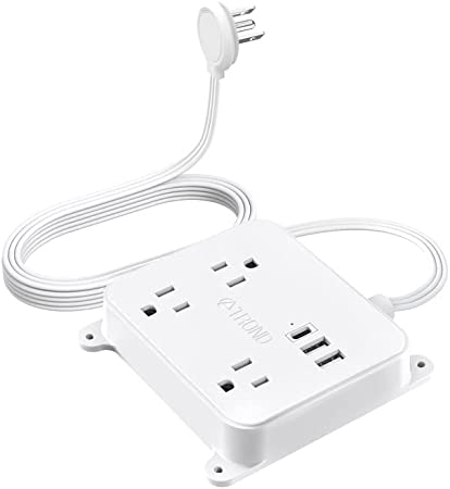 Ultra Flat Plug Power Strip - TROND Extension Cord 10FT with 3 USB Charger(1 USB C Port), Power Strip with Long Cord, 3 Widely Outlets Charging Station, Wall Mount for Home Dorm Room Essentials