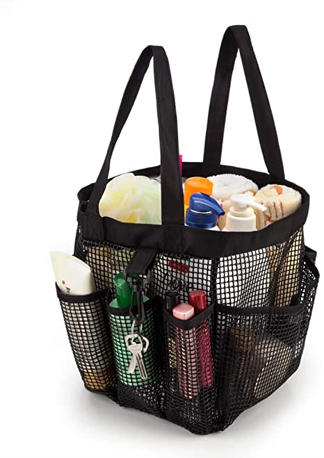 ARCCI Mesh Totes Shower Caddy Portable Bath & Toiletry Organizer Bag with 8 Outer Pockets & Key Hook for College Dorm, Travel, Gym & Camping - Black