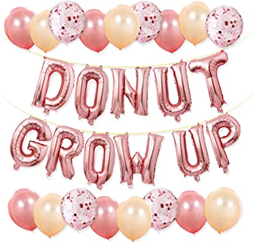 Donut Party Supplies - Donut Grow Up Balloons Banner Rose Gold, 20 Latex Balloons with 5 Confetti Balloons for Baby Shower Donut Grow Up Birthday Party Decorations