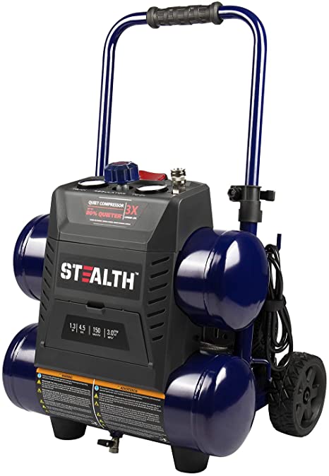 Stealth 4.5 Gallon Ultra Quiet Air Compressor,1.3 HP Oil-Free Peak 150 PSI 65 Decibel Air Compressor,4 CFM @ 40 PSI 3 CFM @ 90 PSI Silent Portable Long Life Electric Air Compressor W/Wheel for Garage