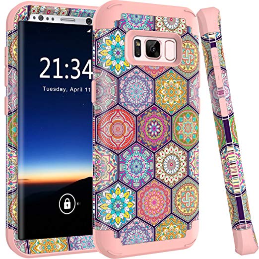 Samsung Galaxy S8 Plus Case, Hocase Shock Absorbing Heavy Duty Hard Shell Silicone Rubber Bumper Dual Layer Protective Phone Case for Galaxy S8 Plus 2017 - Vintage Mandala Flowers/Rose Gold