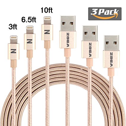 ZGEM 3Pack 3FT 6.5FT 10FT Nylon Braided Data Sync Charging Cable Cord For iPhone 7, 7 plus, SE, 6s, 6s plus, 6, 6 plus, 5s, 5, iPad Air Mini Pro, iPod on iOS10 (Gold)