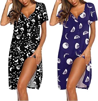 Ekouaer 2 Pack Nightgowns for Women Button Down Night Shirts Short Sleeve Sleep Shirts V Neck Sleepwear Pajama Dress