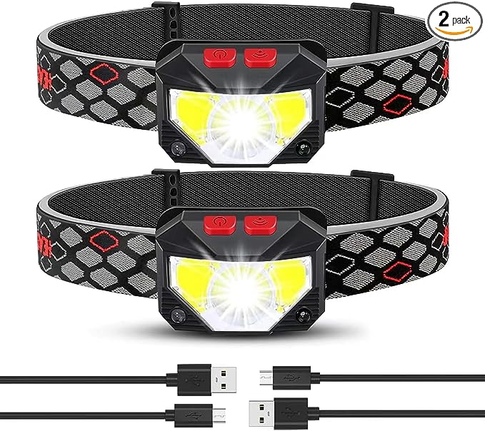 Headlamp Rechargeable 2 Pack, Bright LED Head Lamp Outdoor 1100 Lumen Headlight with White Red Light, Motion Sensor Waterproof 8 Modes Headlamps Flashlights for Outdoor Camping Running Cycling Fishing