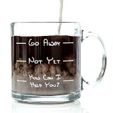 Go Away Funny Glass Coffee Mug - Unique Novelty Gift for a Mom Dad Husband Boyfriend Wife or Girlfriend - Cool Christmas Stocking Stuffer Idea or Birthday Present for Men and Women Him or Her