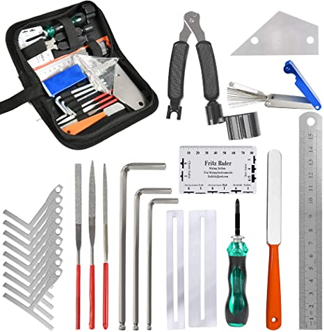 TIMESETL Guitar Repairing Maintenance Tools Kit String Organizer String Action Ruler Gauge Measuring Tool Hex Wrench Set Files Fingerboard Guard Understring Radius Gauges Guitar Fret Rocker Leveling