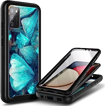 NZND Compatible with Samsung Galaxy A03S Case with [Built-in Screen Protector], Full-Body Protective Shockproof Rugged Bumper Cover, Impact Resist Durable Phone Case (Blue Butterfly)