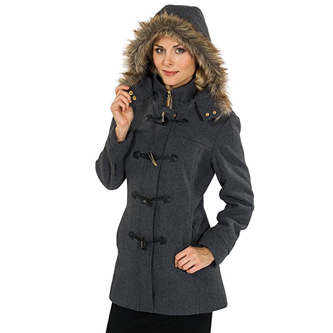 Alpine Swiss Duffy Women's Wool Coat Fur Trim Hooded Parka Jacket