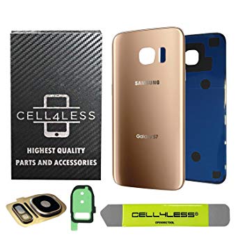 CELL4LESS Compatible Back Glass Cover Back Battery Door w/Custom Removal Tool & Installed Adhesive Replacement for Samsung Galaxy S7 - All Models G930-2 Logo - OEM Replacement (Gold)