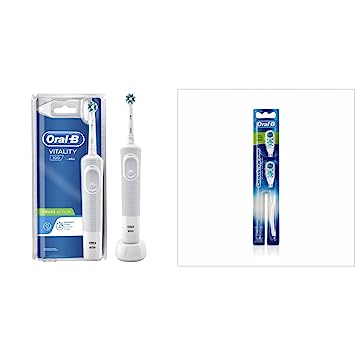 Oral B Vitality 100 White Criss Cross Electric Rechargeable Toothbrush Powered By Braun & Oral B CrossAction Power Toothbrush Replacement Head (Soft)