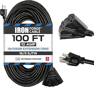 Iron Forge Cable 3 Outlet Outdoor Extension Cord 100 ft, SJTW Weatherproof 16 Gauge Black Extension Cord with Multiple Outlets 3 Prong, Long Exterior Power Cable for Outdoor Lights, Lawn & Landscaping