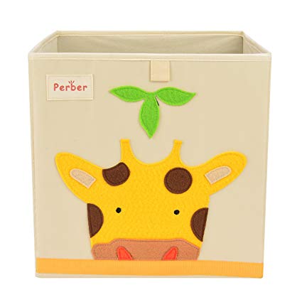 Perber Collapsible Storage Cubes Bin 13"x13"x13",Decorative Foldable Oxford Storage Box Baskets Containers- Large Organizer for Nursery Toys,Kids Room,Towels,Baby Clothes, Beige- Giraffe