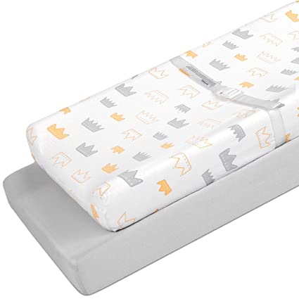 TILLYOU Jersey Cotton Ultra Soft Changing Pad Cover Set-Cradle Sheet Unisex Change Table Sheets for Baby Girls and Boys - Fit 32"/34'' x 16" Pad - Comfortable Cozy Hypoallergenic-2 Pack Crown & Gray